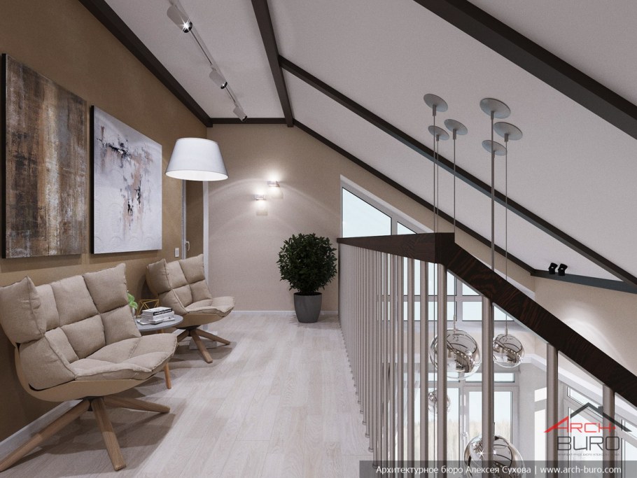 Холл второго этажа с лестницей