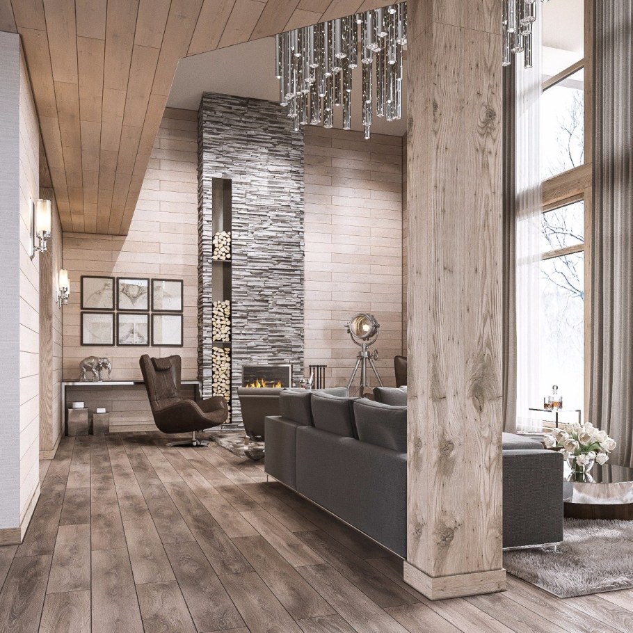 Сочетание камня и дерева в интерьере