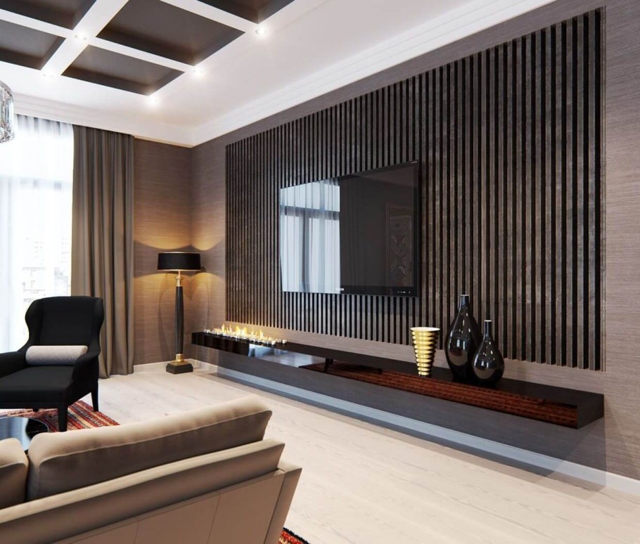 Деревянные рейки на стене в гостиной