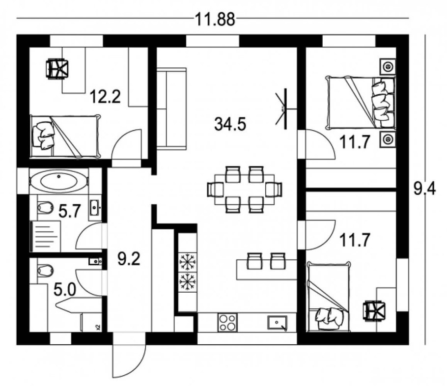 Планировка одноэтажного дома 90 м2