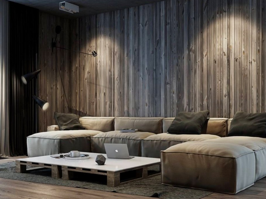 Гостиная с деревянной стеной