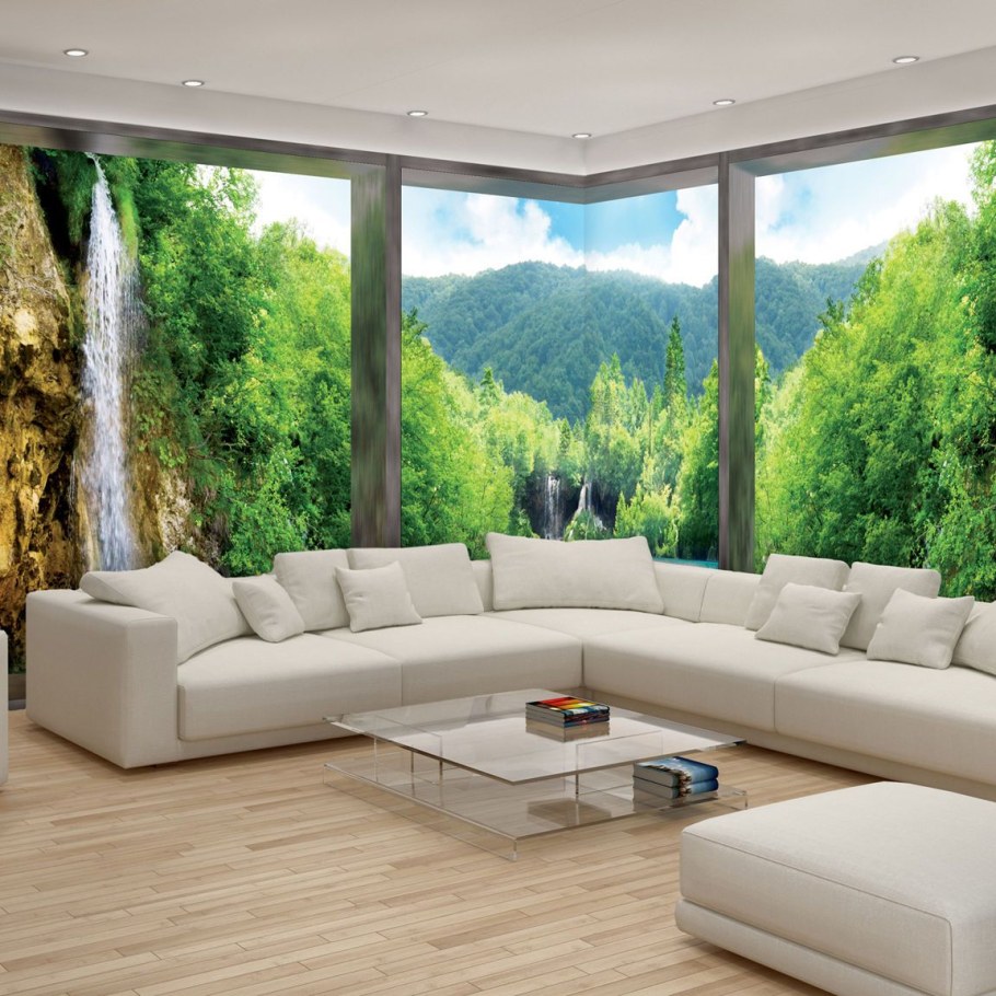 Фотообои природа в интерьере гостиной