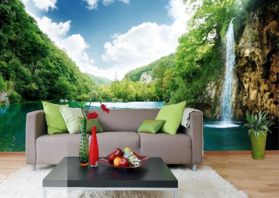 Фотообои в гостиную над диваном
