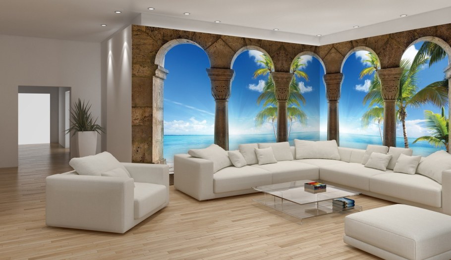 Угловые фотообои на стену в гостиную
