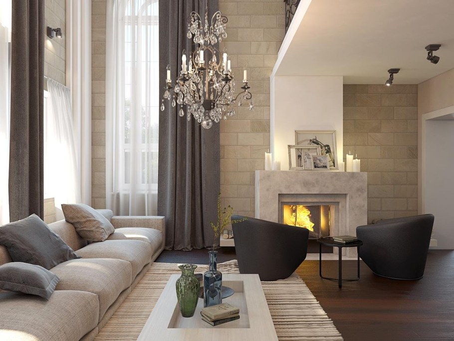 Современные камины в интерьере гостиной
