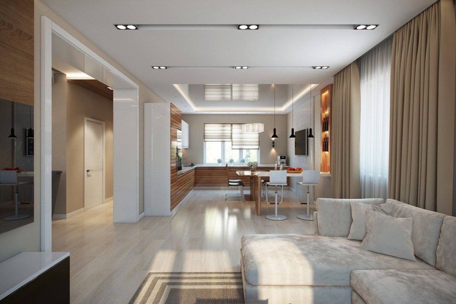 Кухня-гостиная 30м2 в деревянном доме