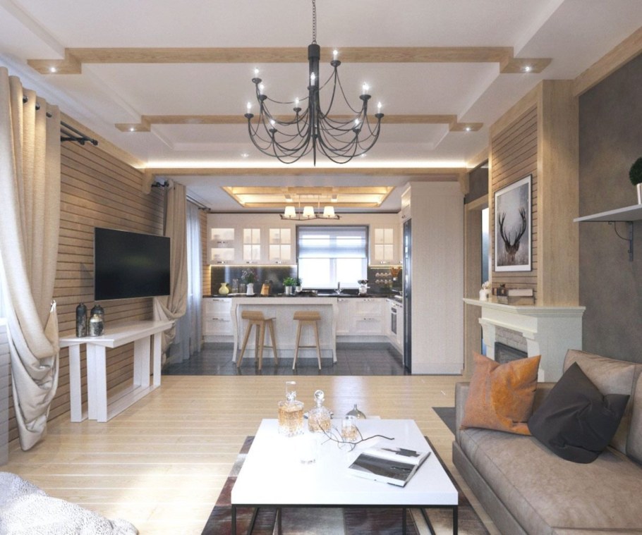 Кухня-гостиная 30м2 в деревянном доме