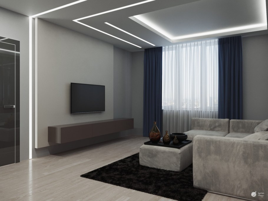 Потолок со световыми линиями в гостиной