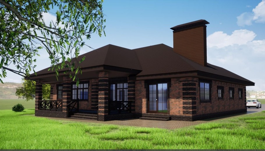 Одноэтажный дом из темного кирпича