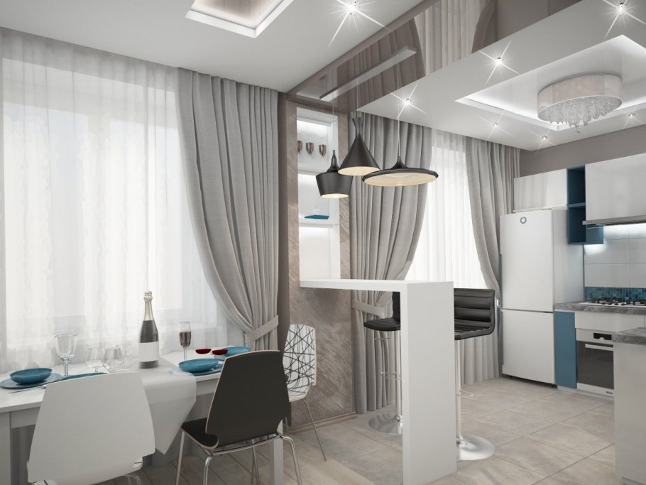 Шторы в гостиную объединенную с кухней