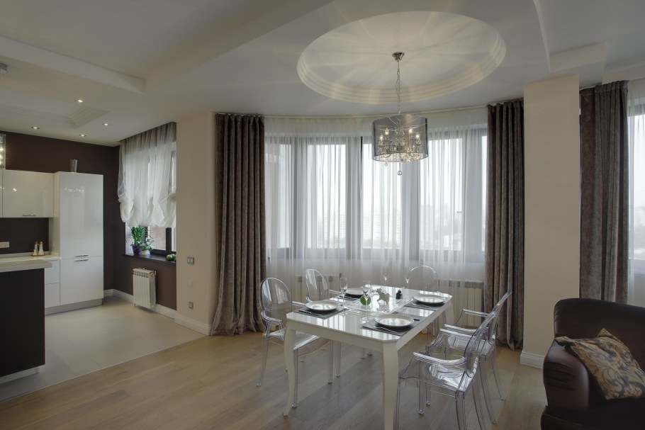 Шторы в гостиную объединенную с кухней