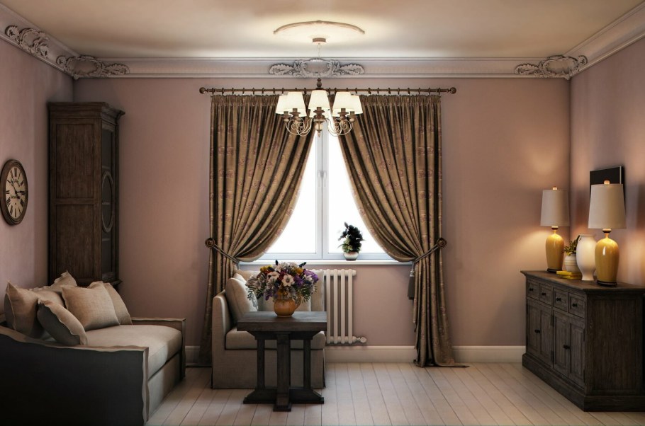 Шторы в интерьере гостиной в классическом стиле