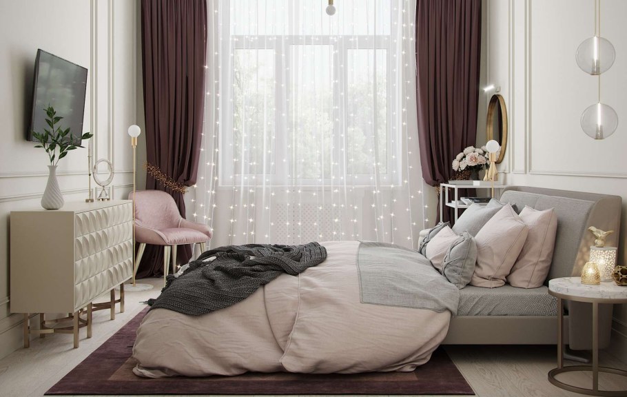 Пудровые шторы в спальню