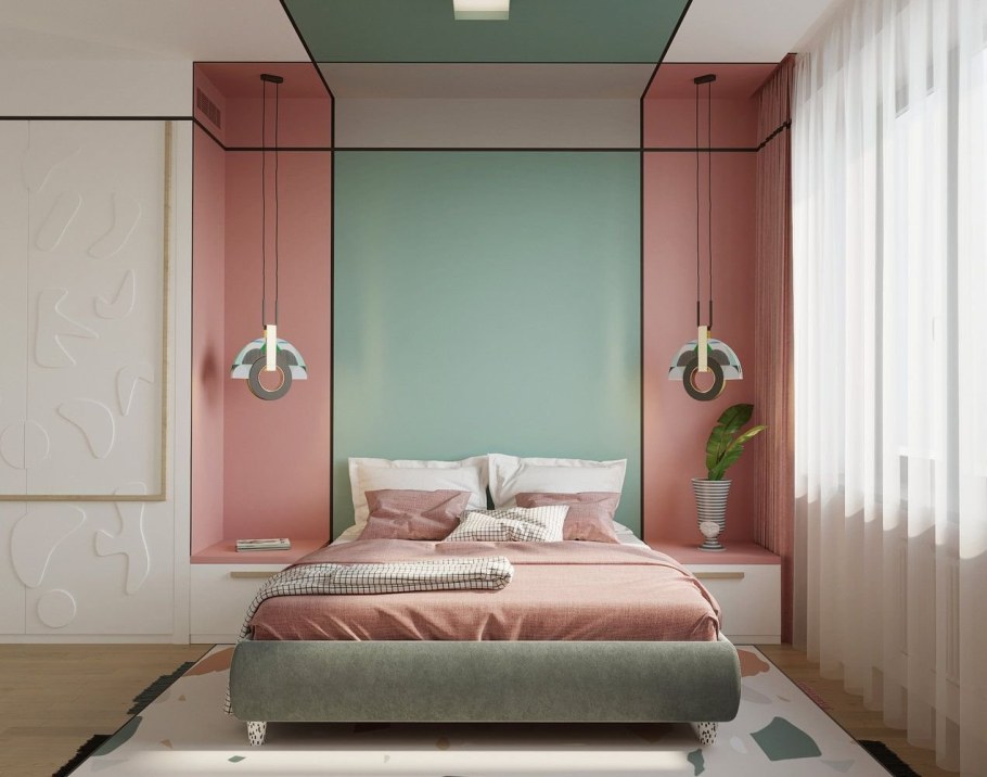 Спальня в зелено розовых тонах
