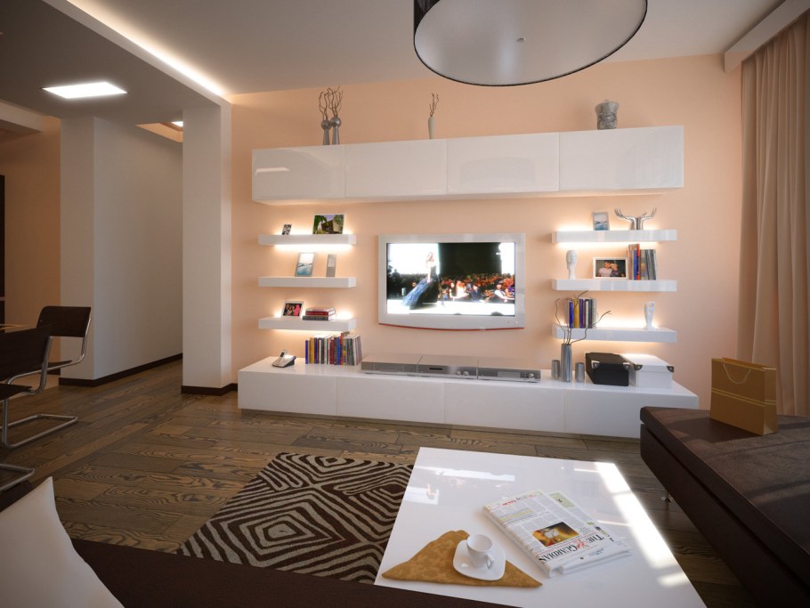 Встроенные полки из гипсокартона в гостиной