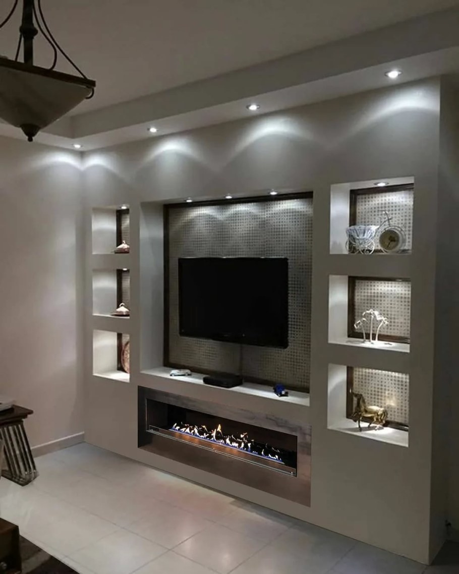 Гостиная с полками из гипсокартона