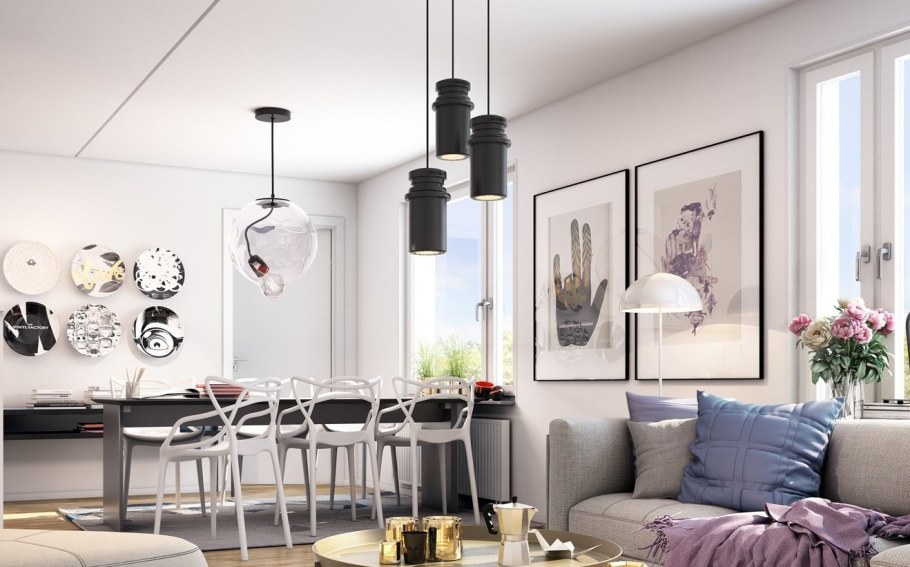 Подвесные светильники в интерьере гостиной