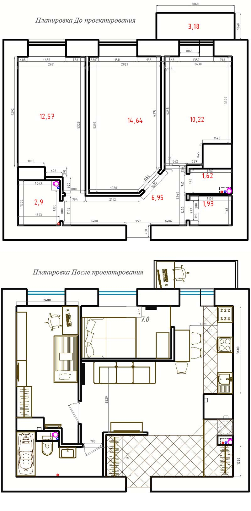Перепланировка типовой двухкомнатной квартиры