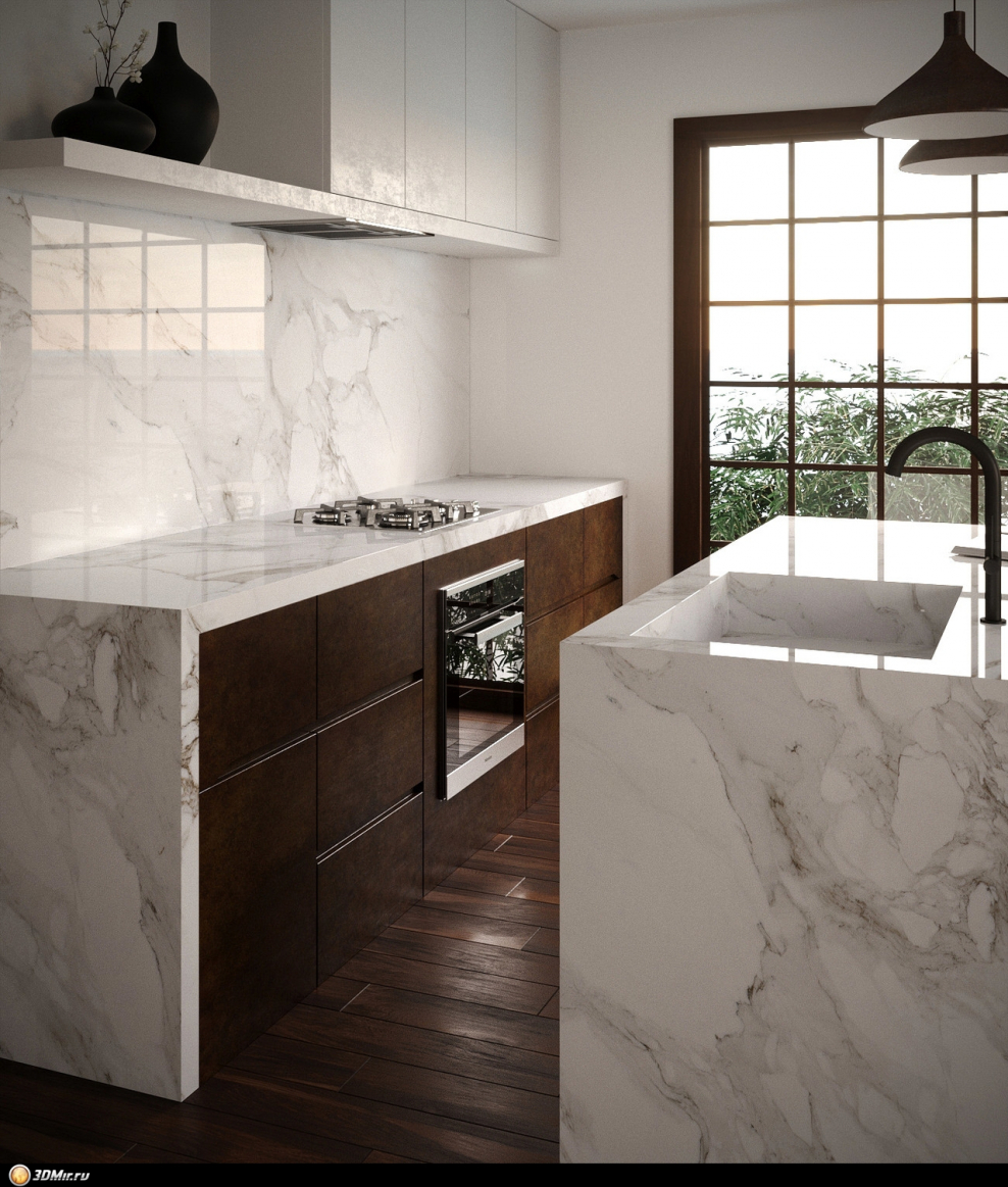 Белый мрамор в интерьере кухни