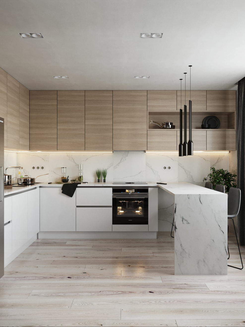 Кухня белый мрамор и дерево