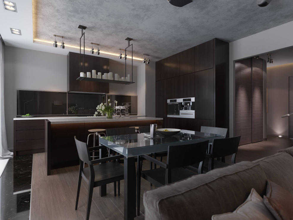 Мужской интерьер кухни-гостиной