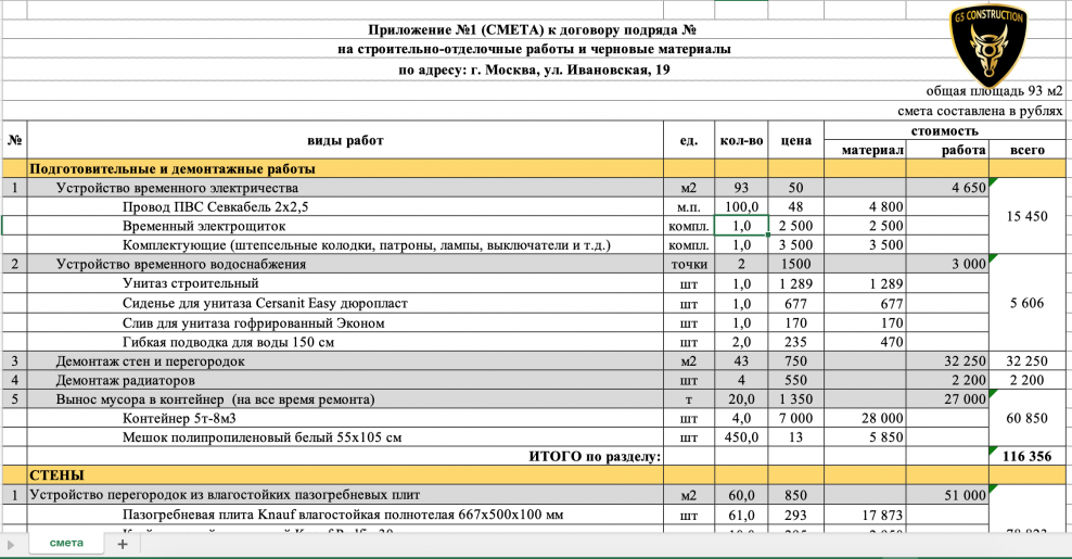 Смета на строительные работы