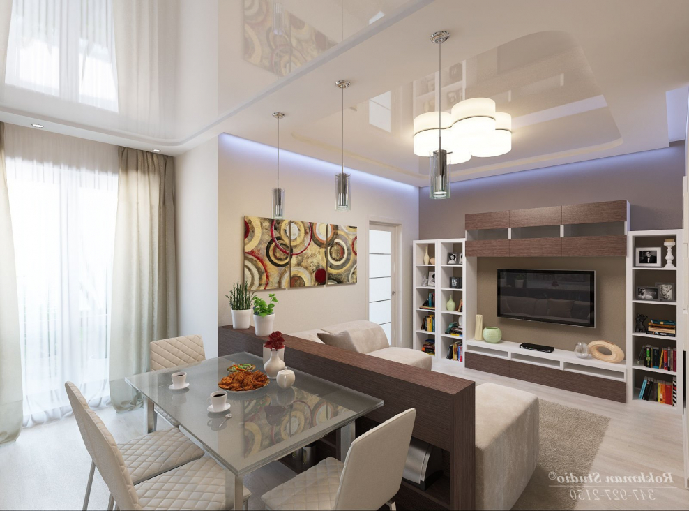 Потолок гостиная совмещенная с кухней