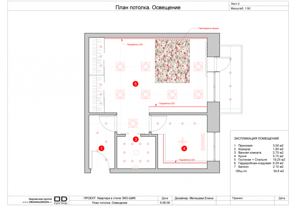 Чертеж освещения в помещении