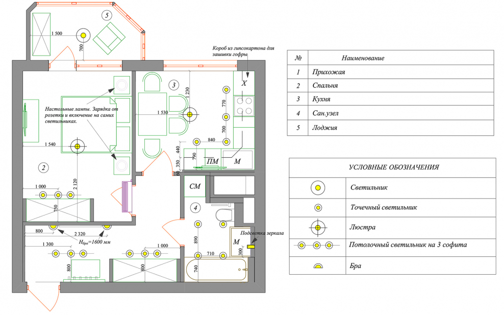 План освещения квартиры чертеж