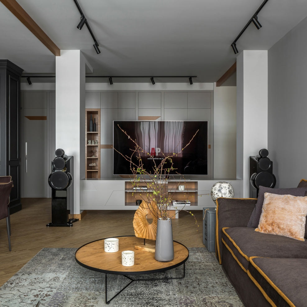 ТВ зона в гостиной в стиле лофт