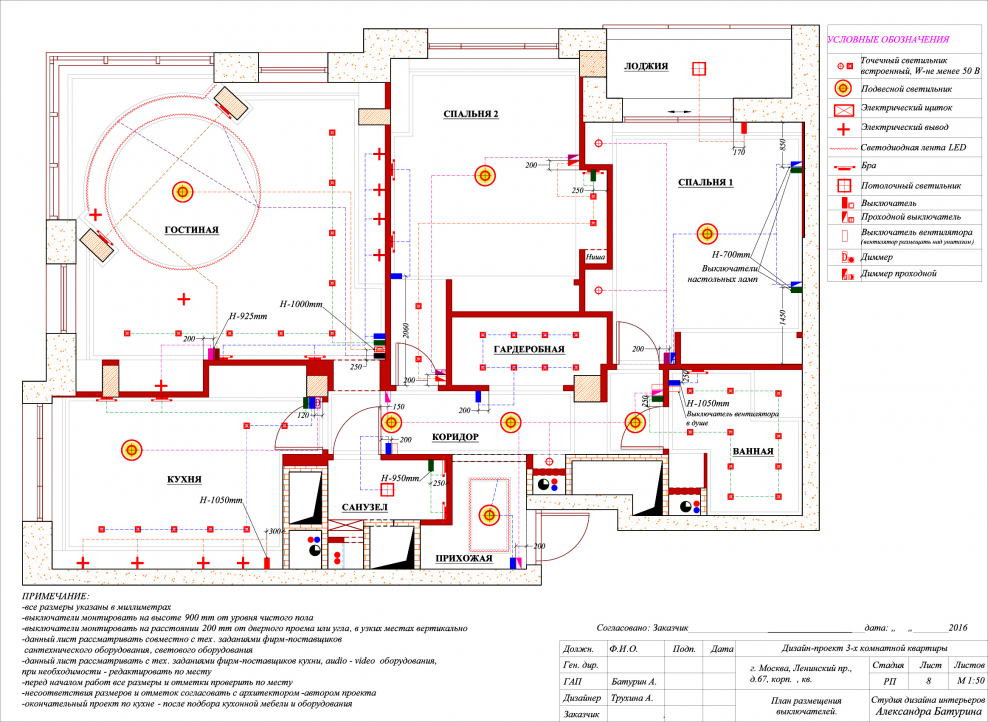 Монтажная схема розеточной сети освещения