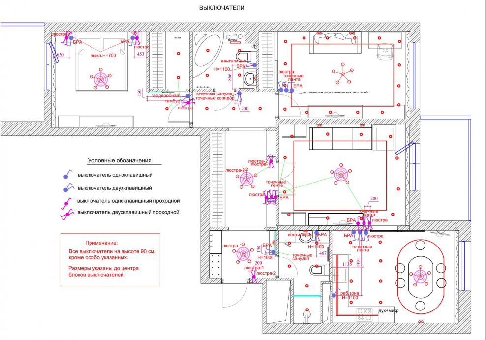 План размещения светильников и выключателей