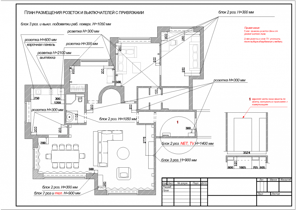 Схема расположения розеток и источников освещения с размерами