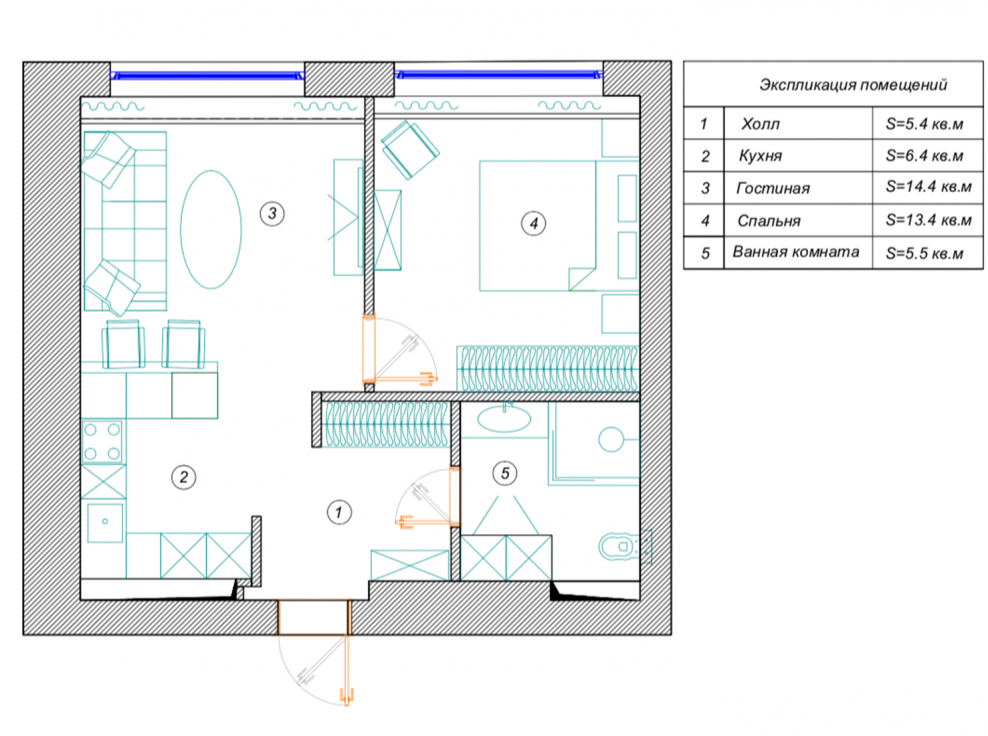 Проект двухкомнатной квартиры 56 кв.м