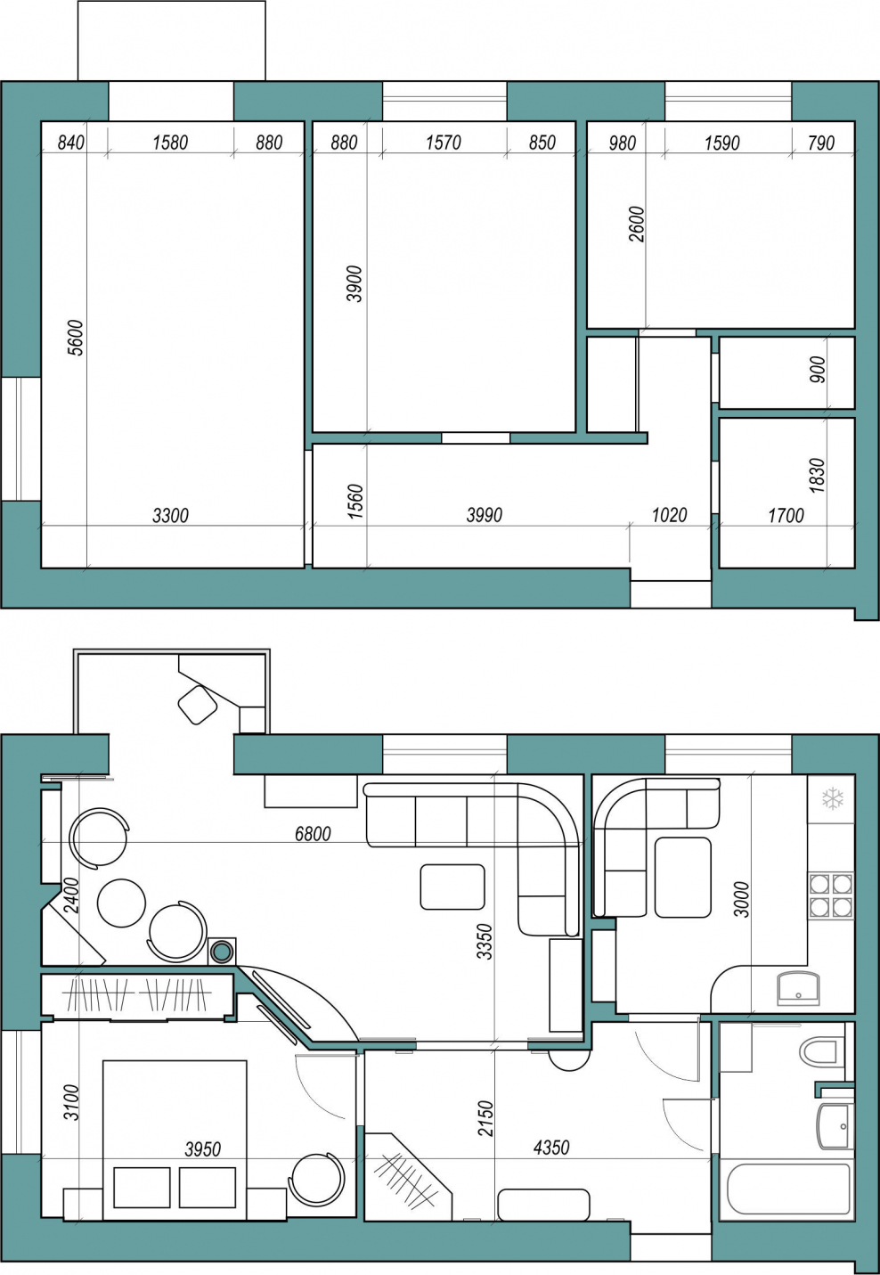 Перепланировка 2-х комнатной квартиры в панельном доме