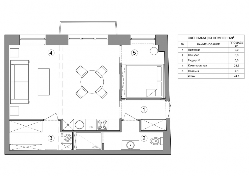 Планировка 45кв двушка 45