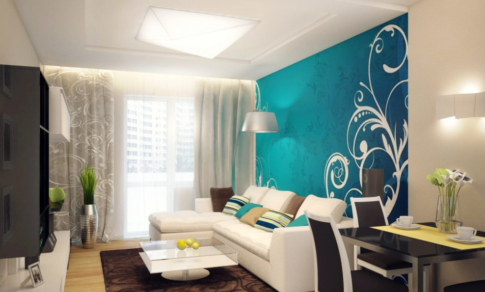Бирюзовый цвет в интерьере гостиной