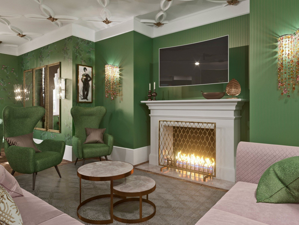 Изумрудный цвет в интерьере гостиной