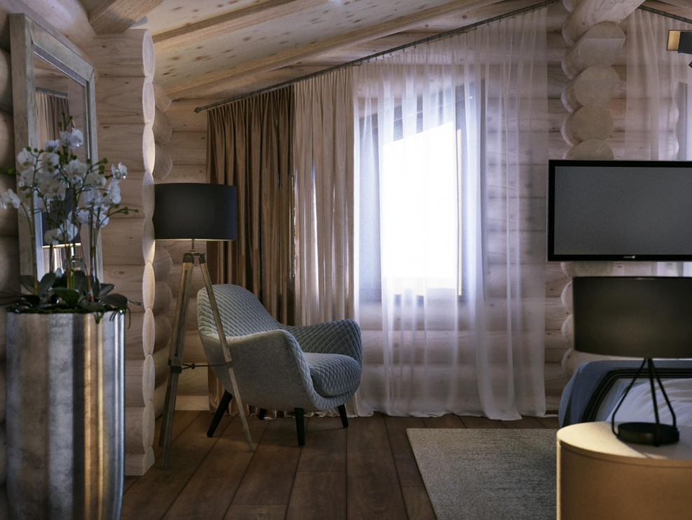 Интерьер в дома из темного сруба светлые шторы