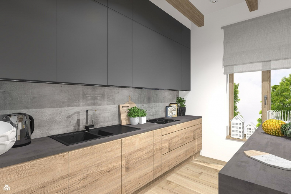 Кухня в серых тонах с деревом