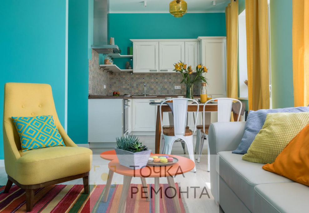 Сочетание желтого и бирюзового в интерьере