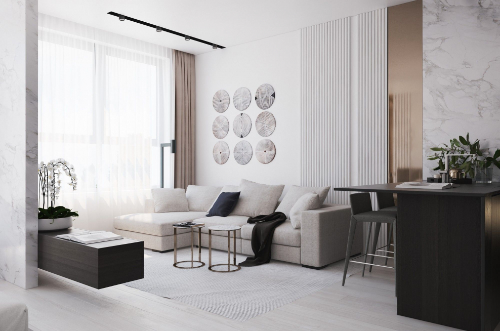 Интерьер гостинной в серых тонах в минималистическом стиле