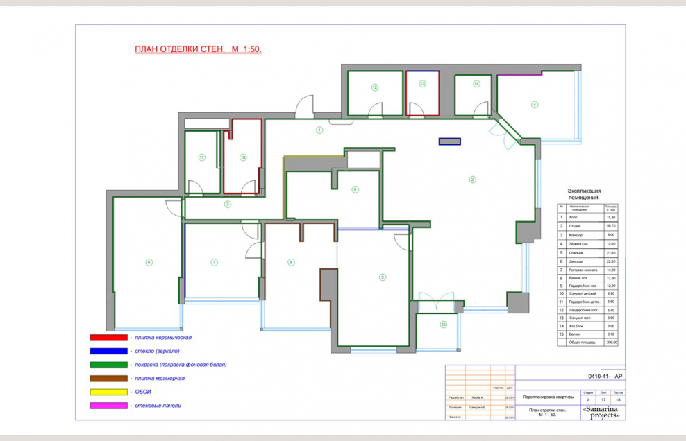 План отделки стен помещения