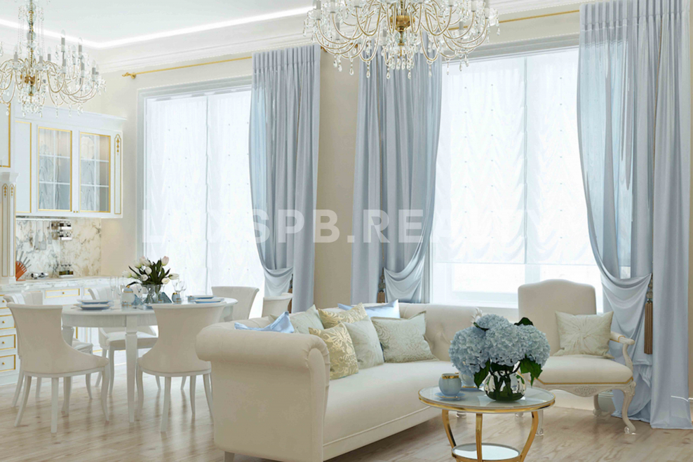 Интерьер в гостиной загородного дома в пастельных тонах