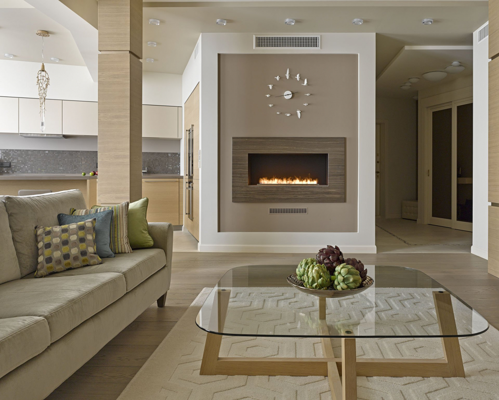 Кухня гостиная с камином в современном стиле