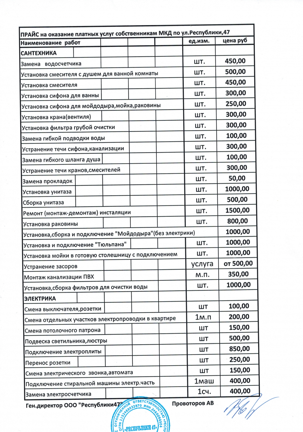 Прейскурант на оказание платных услуг управляющей компании