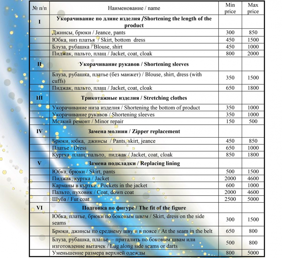 Расценки по пошиву и ремонту одежды