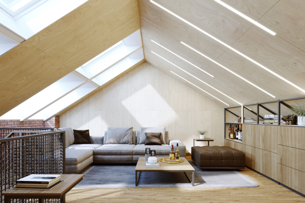 Интерьер мансарды с односкатной крышей