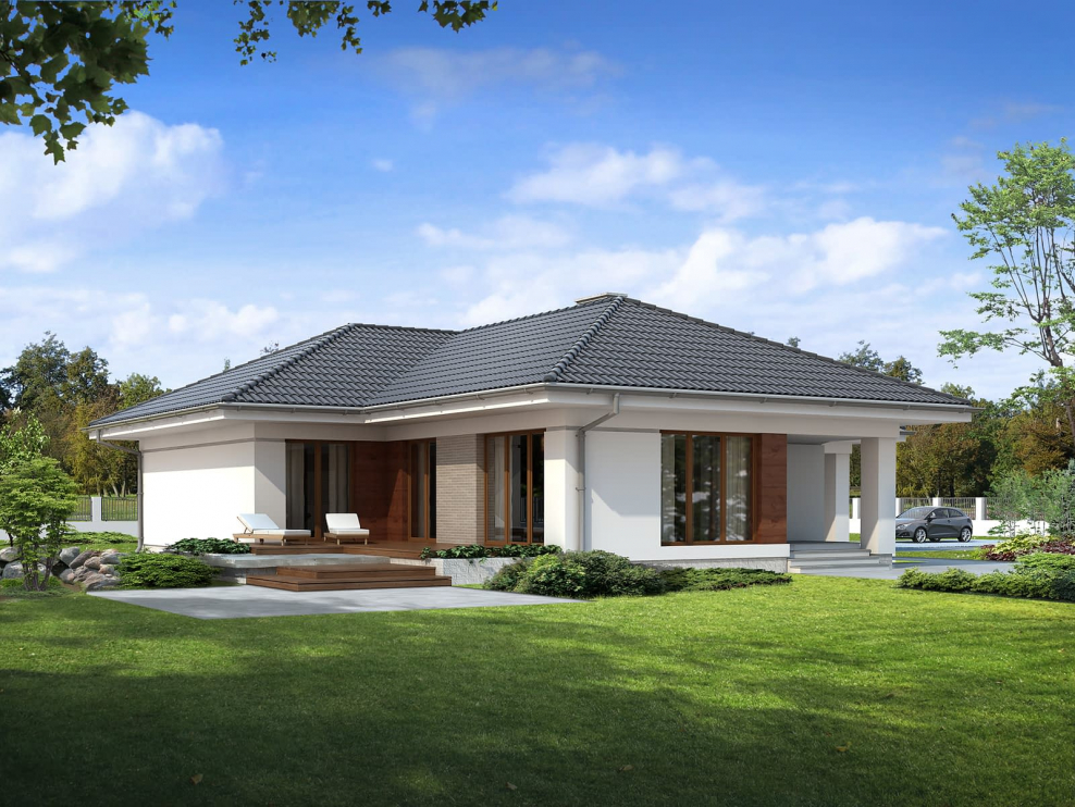 Одноэтажный дом бунгало с террасой