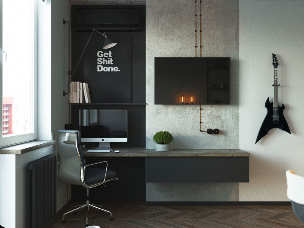 Дизайн гостиной комнаты с письменным столом